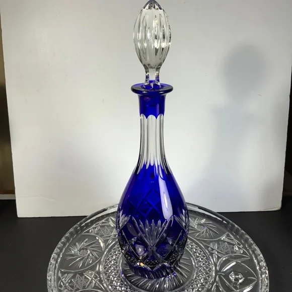 Dresden Crystal Bleikristall Blue Wine Decanter Cut to Clear Germany 14 in #BA85 - Picture 4 of 10